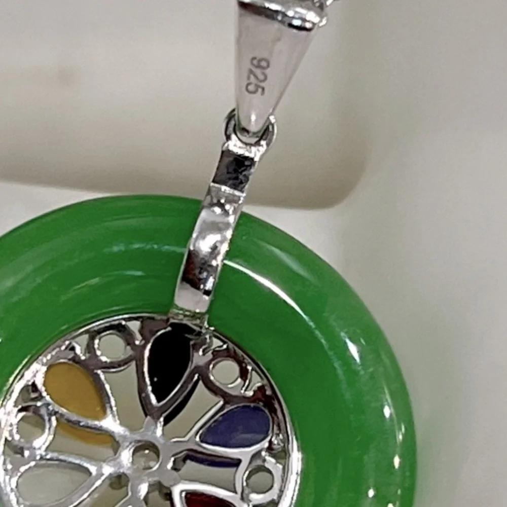Burmese Multi Jade Zircon Sterling Silver Wheel Pendant  Necklace